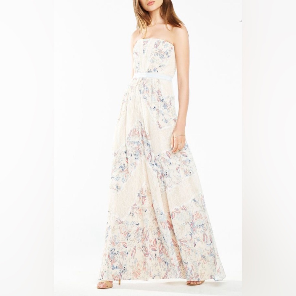 BCBGMAXAZRIA Elle strapless floral lace gown
